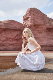 White Cotton Eyelet Midi Dress with Beaded Straps & Scalloped Hem