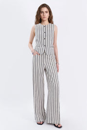 Beige Cotton-Linen Blend Stripe Wide-Leg Pants