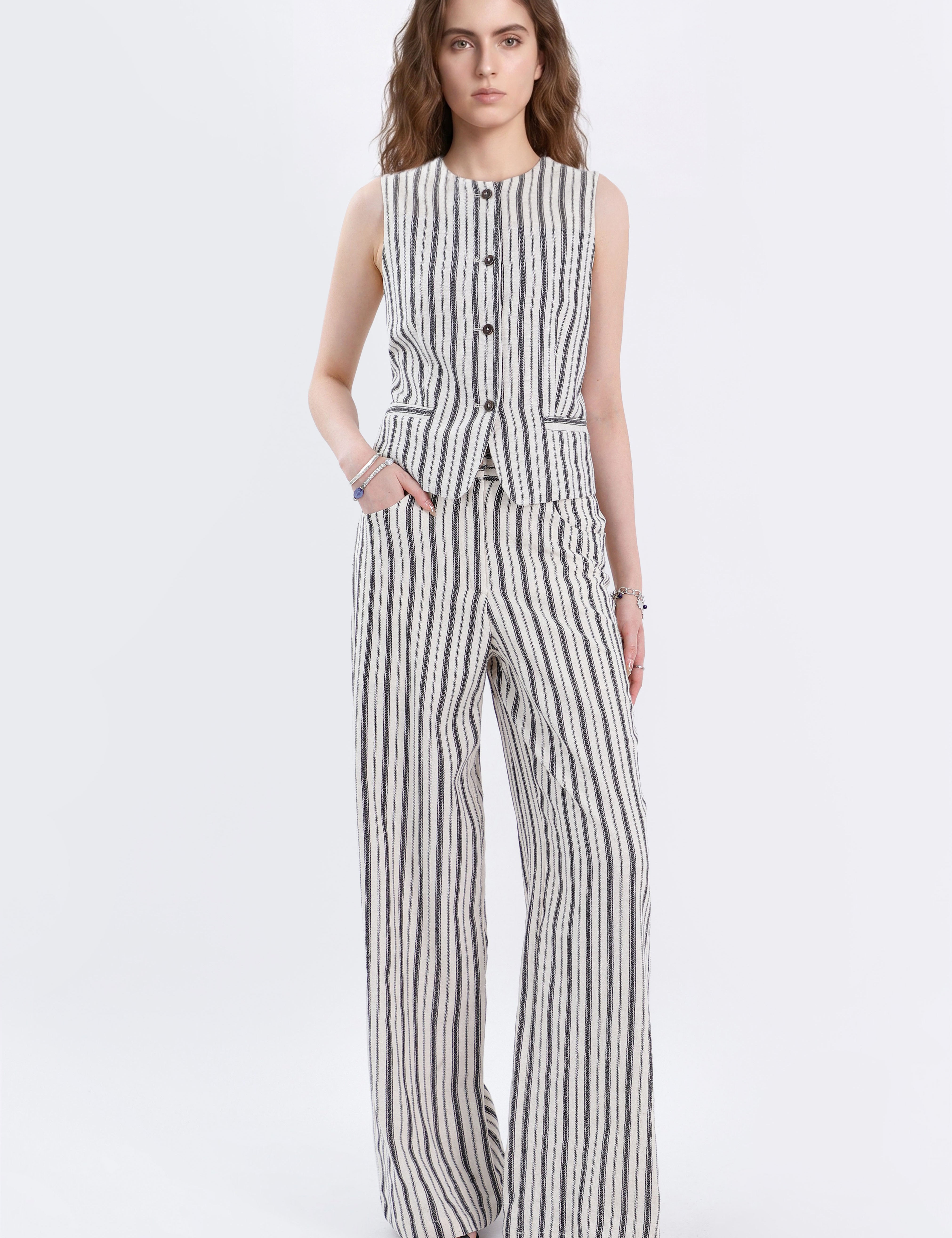 Beige Cotton-Linen Blend Stripe Wide-Leg Pants