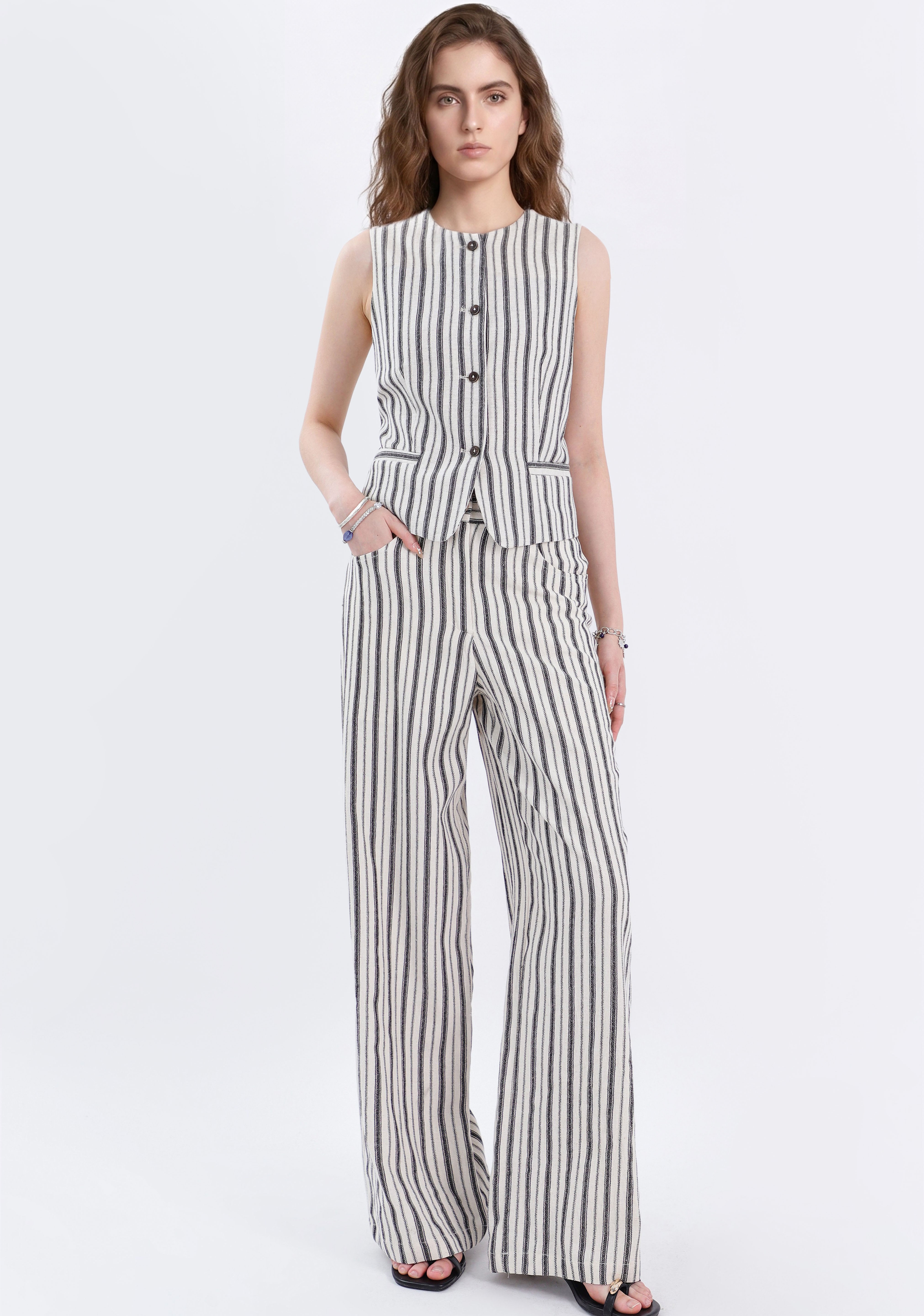 Beige Cotton-Linen Blend Stripe Wide-Leg Pants