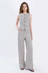 Beige Cotton-Linen Blend Stripe Wide-Leg Pants