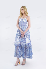 Blue & White Porcelain Pattern Tiered Cami Maxi Dress
