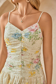 Yellow Eyelet Lace Floral Print Midi Slip Dress