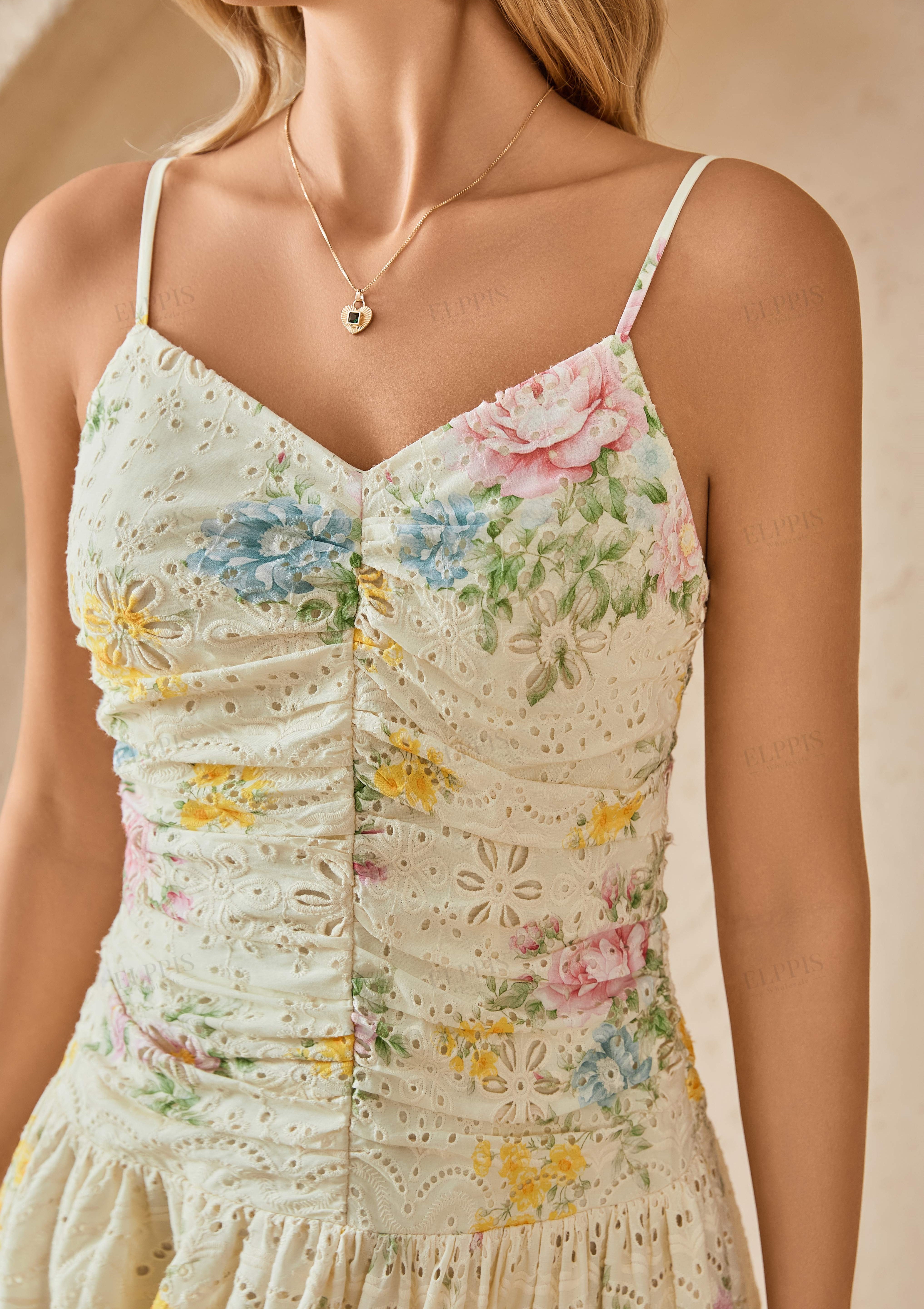 Yellow Eyelet Lace Floral Print Midi Slip Dress