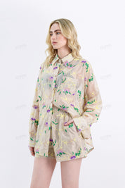 Beige Floral Embroidery Lightweight Elastic Waist Shorts
