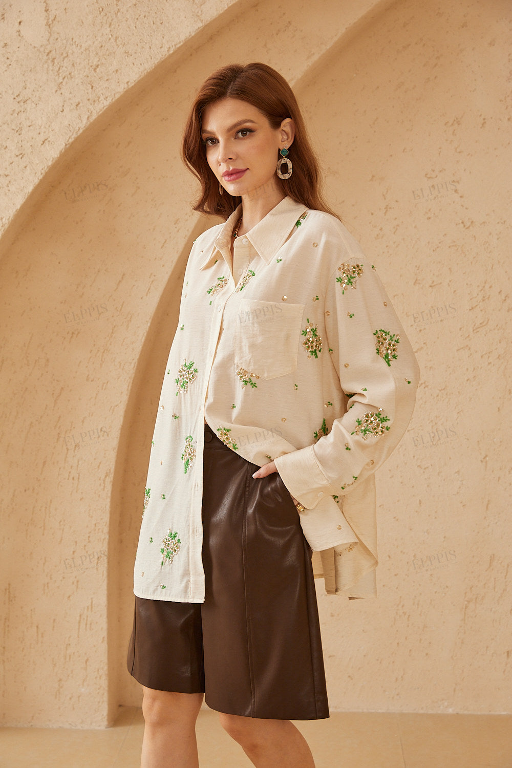 Cream Long-Sleeve Shirt with Sequin Floral Embellishments