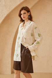 Cream Long-Sleeve Shirt with Sequin Floral Embellishments