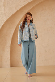 Light Blue Denim Jacket with White Lace Floral Overlay