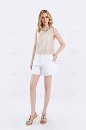Oatmeal Beige Sleeveless Blouse with Beaded Floral Embroidery