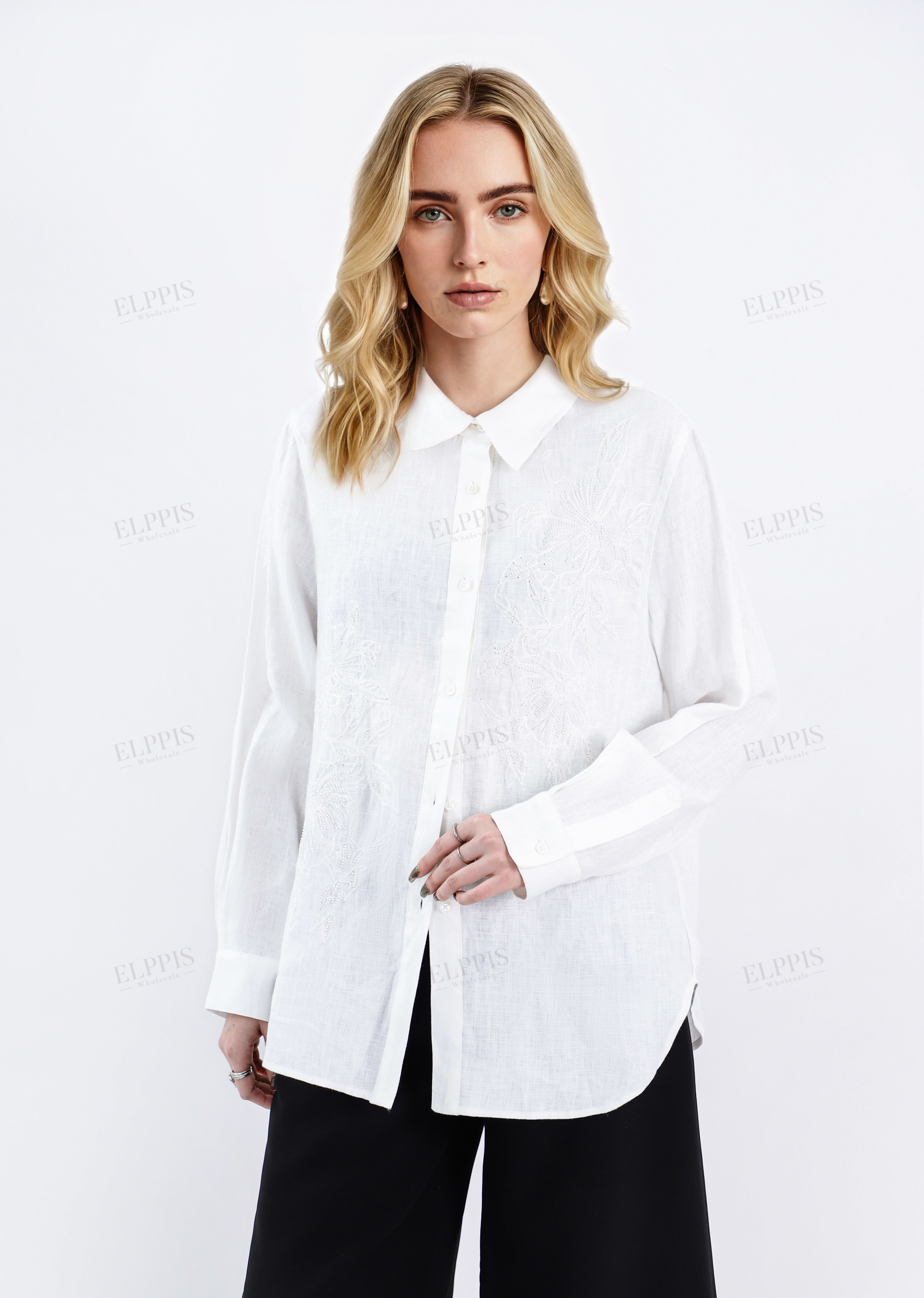 White Embroidered Linen Long Sleeves Shirt