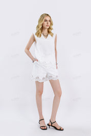White Linen Shorts with Scalloped Lace Hem Detail
