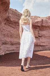 White Cotton Eyelet Midi Dress with Beaded Straps & Scalloped Hem