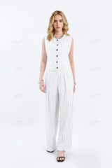 White Viscose-Linen Blend Striped Sleeveless Vest
