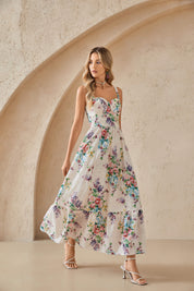 Cream Floral Print Eyelet Maxi Dress with Sweetheart Neckline