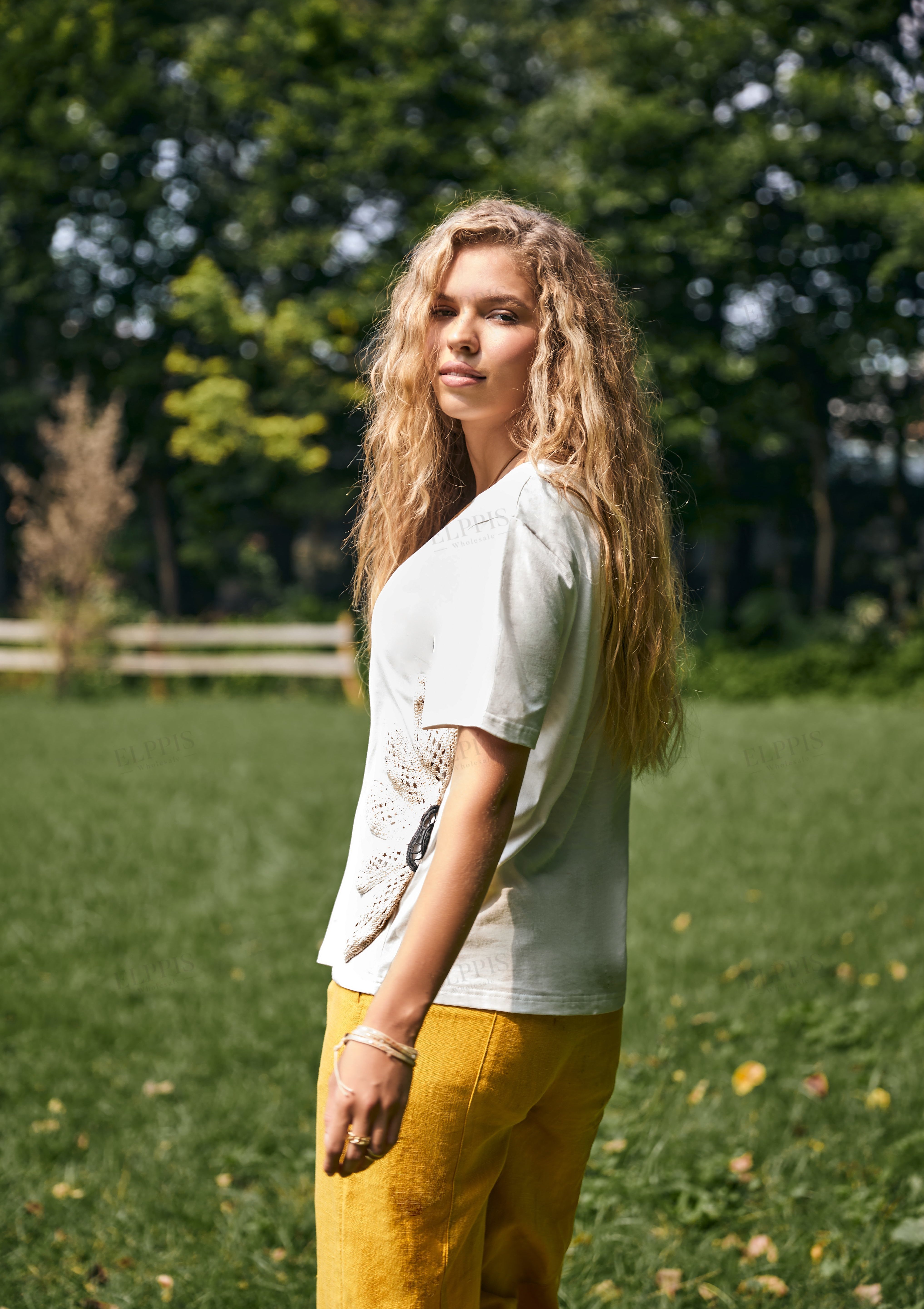 White Short-Sleeve T-Shirt with Side Crochet Flower Embellishments