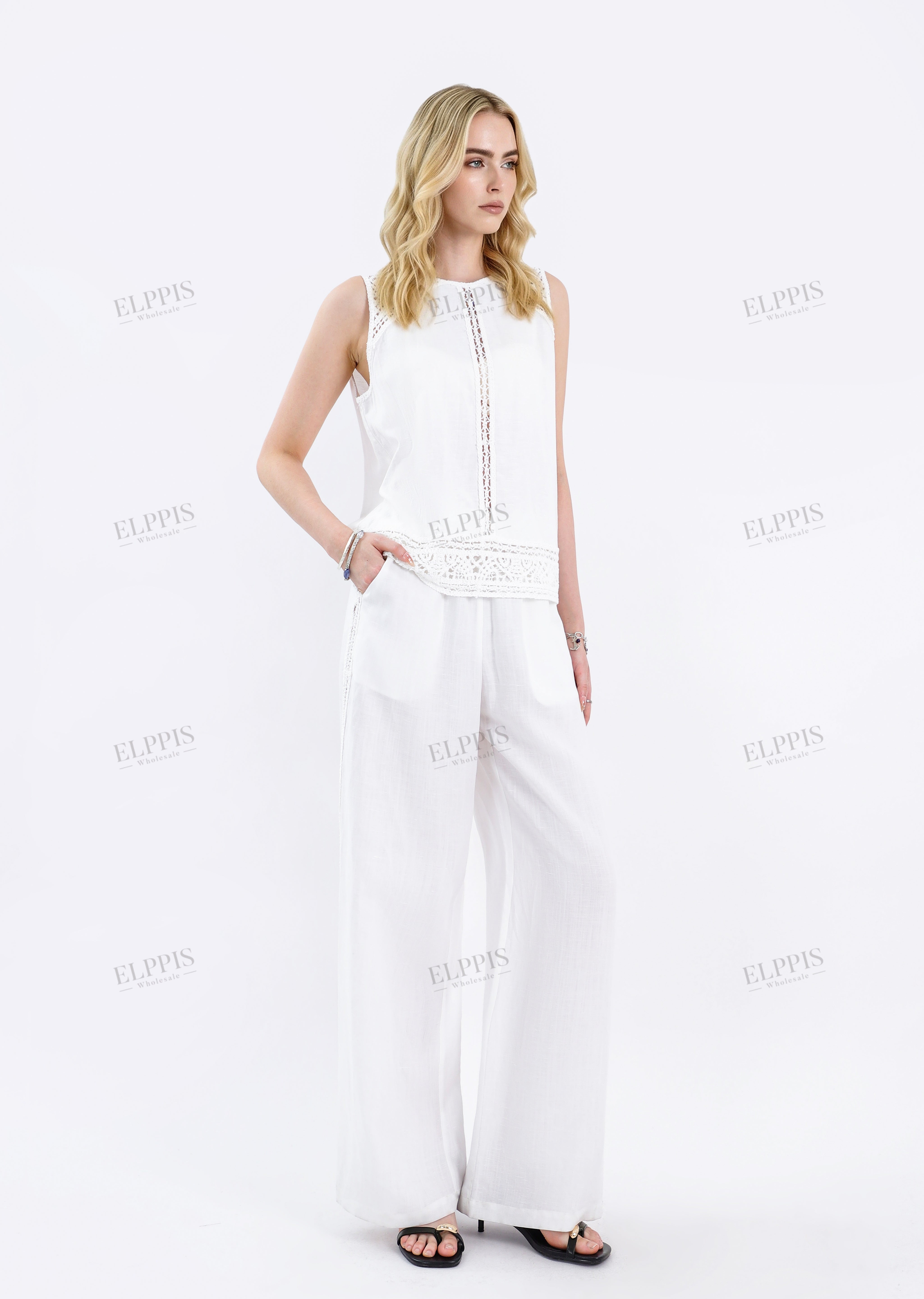 White Woven Wide-Leg Pants with Drawstring Waist