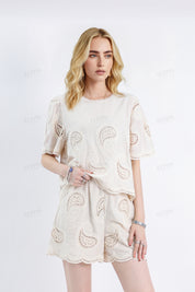 Beige Linen-Blend Shorts with Paisley Lace Cutouts