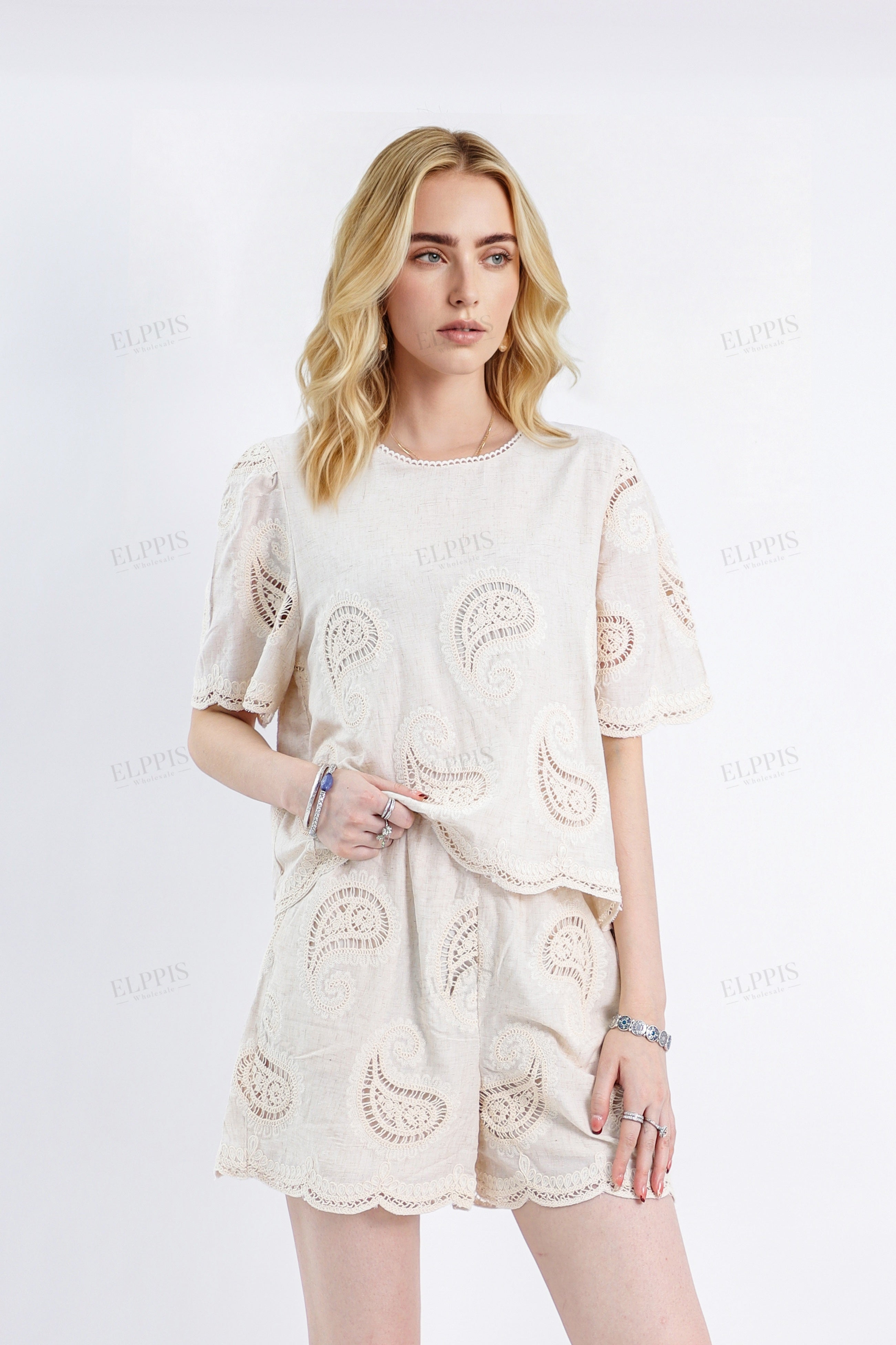 Beige Linen-Blend Shorts with Paisley Lace Cutouts