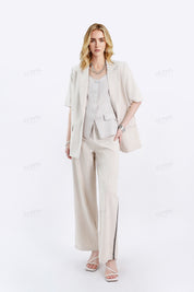 Beige Linen-Blend Short-Sleeve Blazer with Contrast Stitching