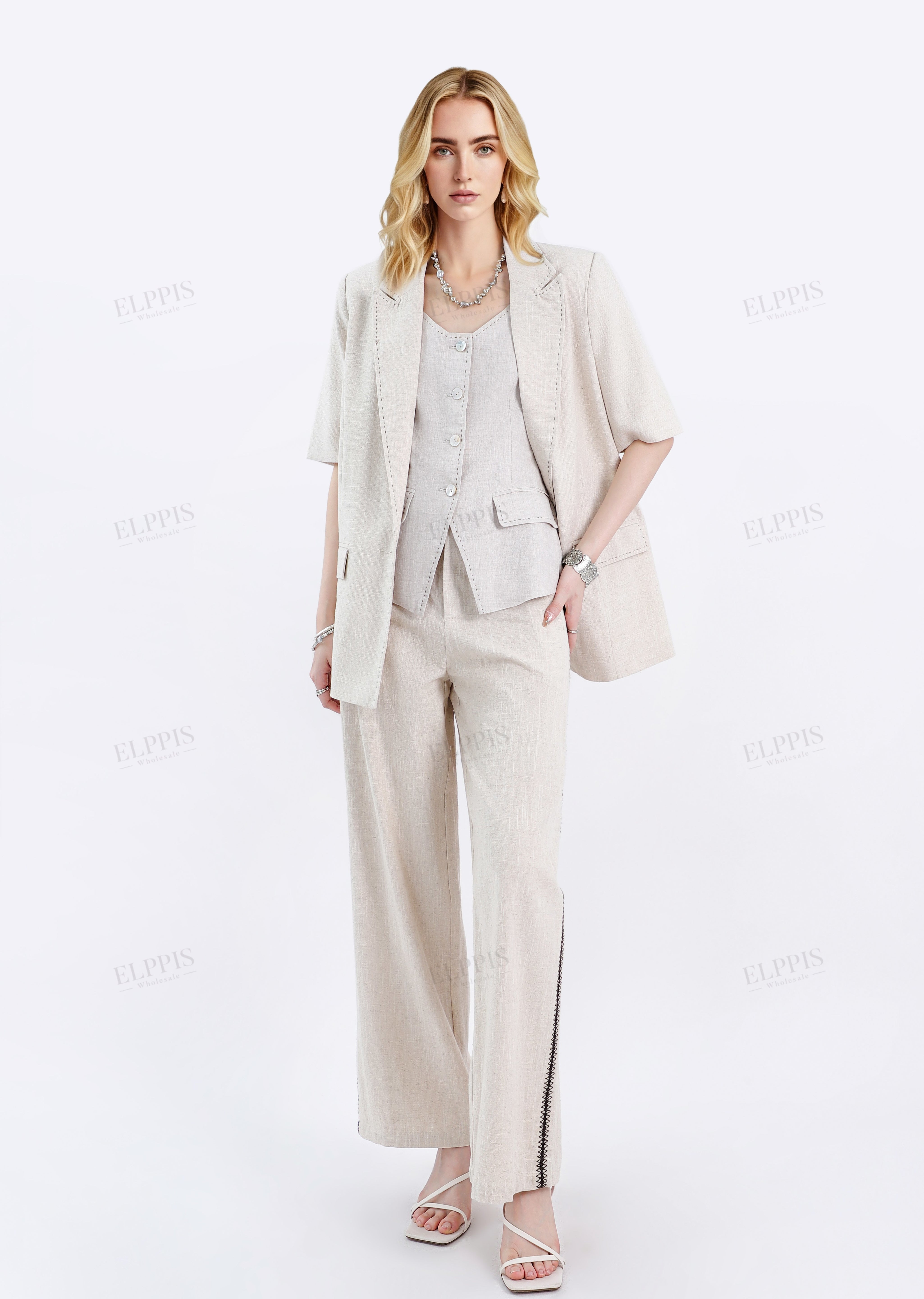 Beige Linen-Blend Short-Sleeve Blazer with Contrast Stitching