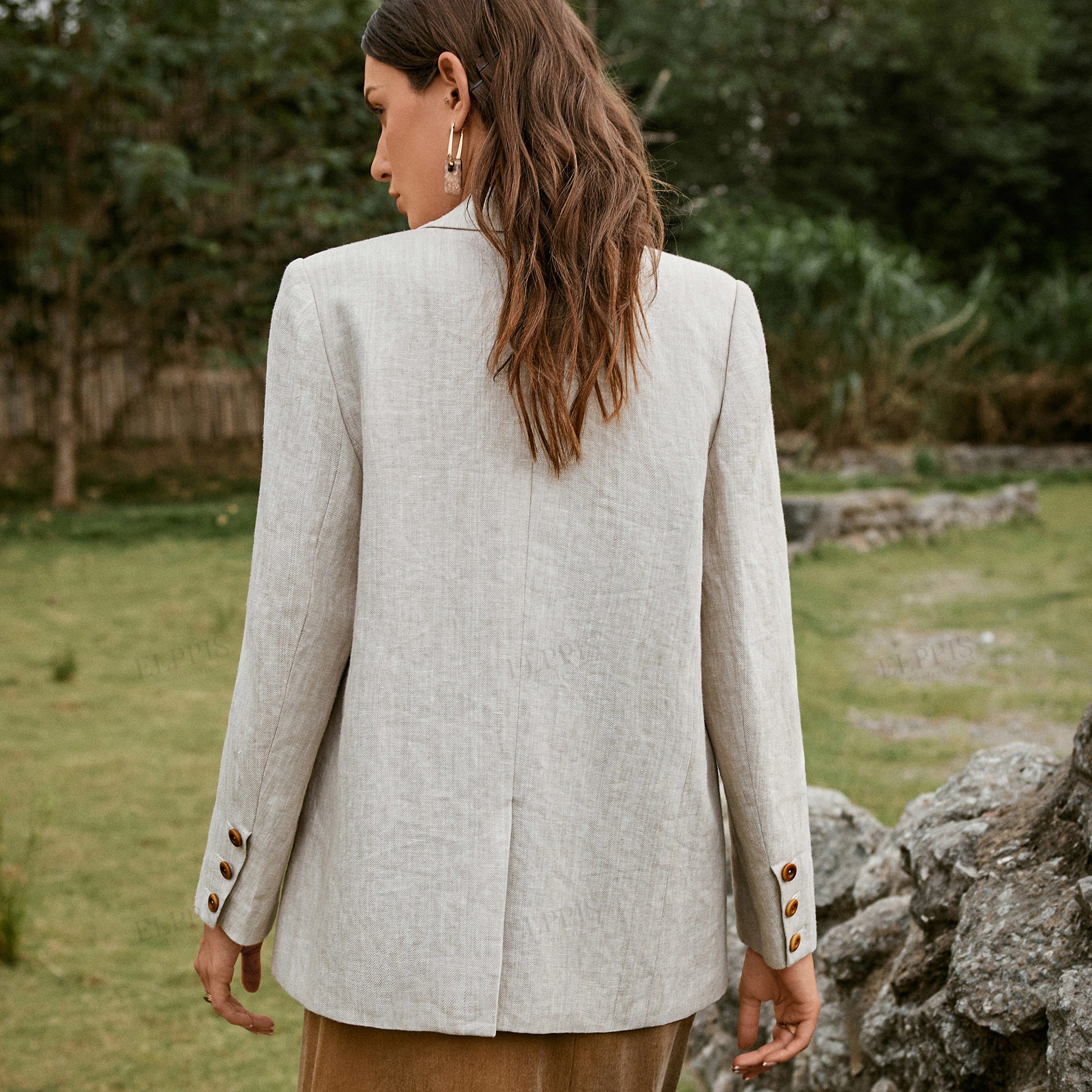 Beige cotton linen blazer long sleeve blazer