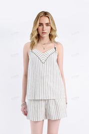 Beige Cotton-Linen Blend Stripe Drawstring Shorts