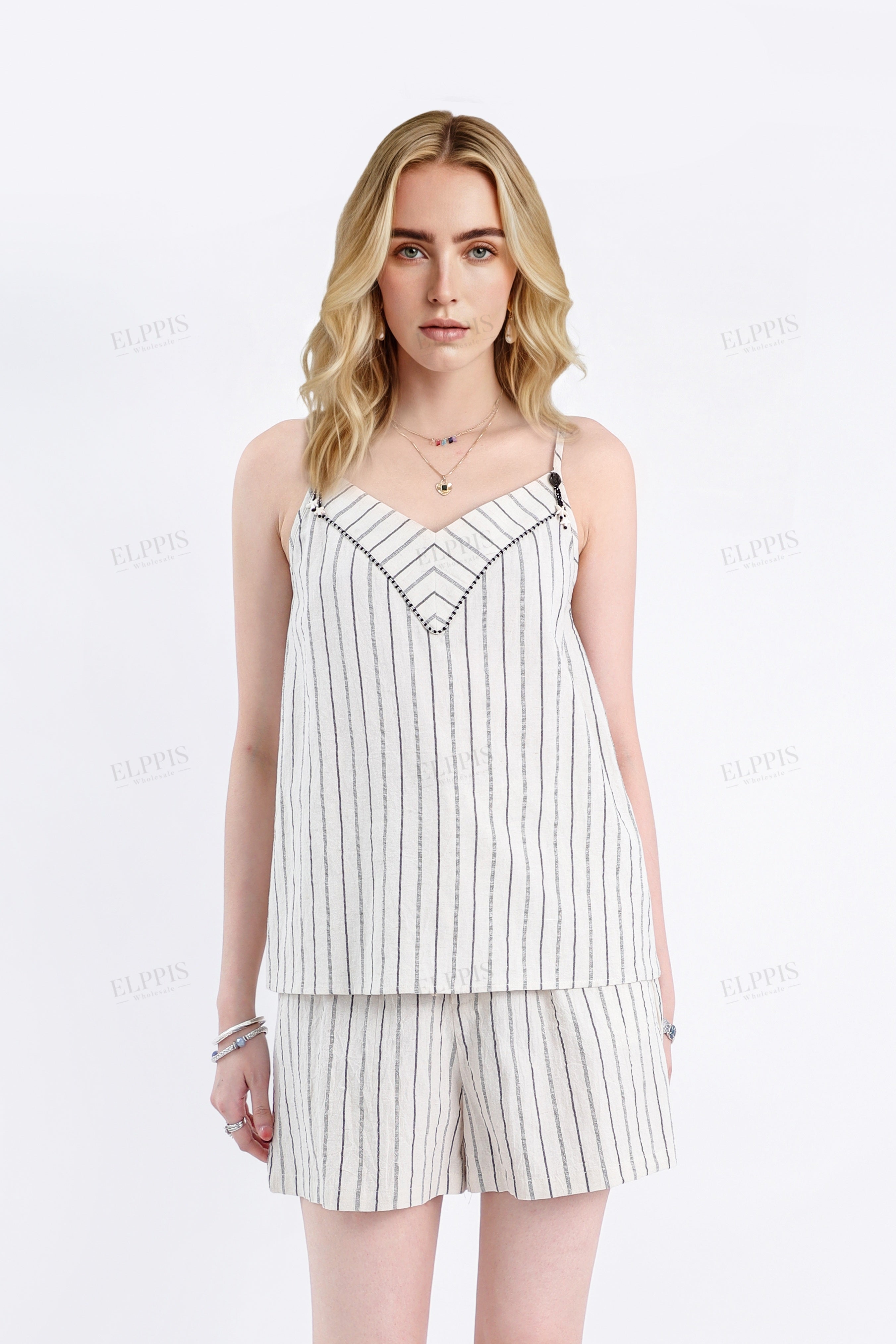 Beige Cotton-Linen Blend Stripe Drawstring Shorts