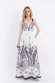 Off-White Sleeveless Maxi Dress with Black Ethnic Embroidery