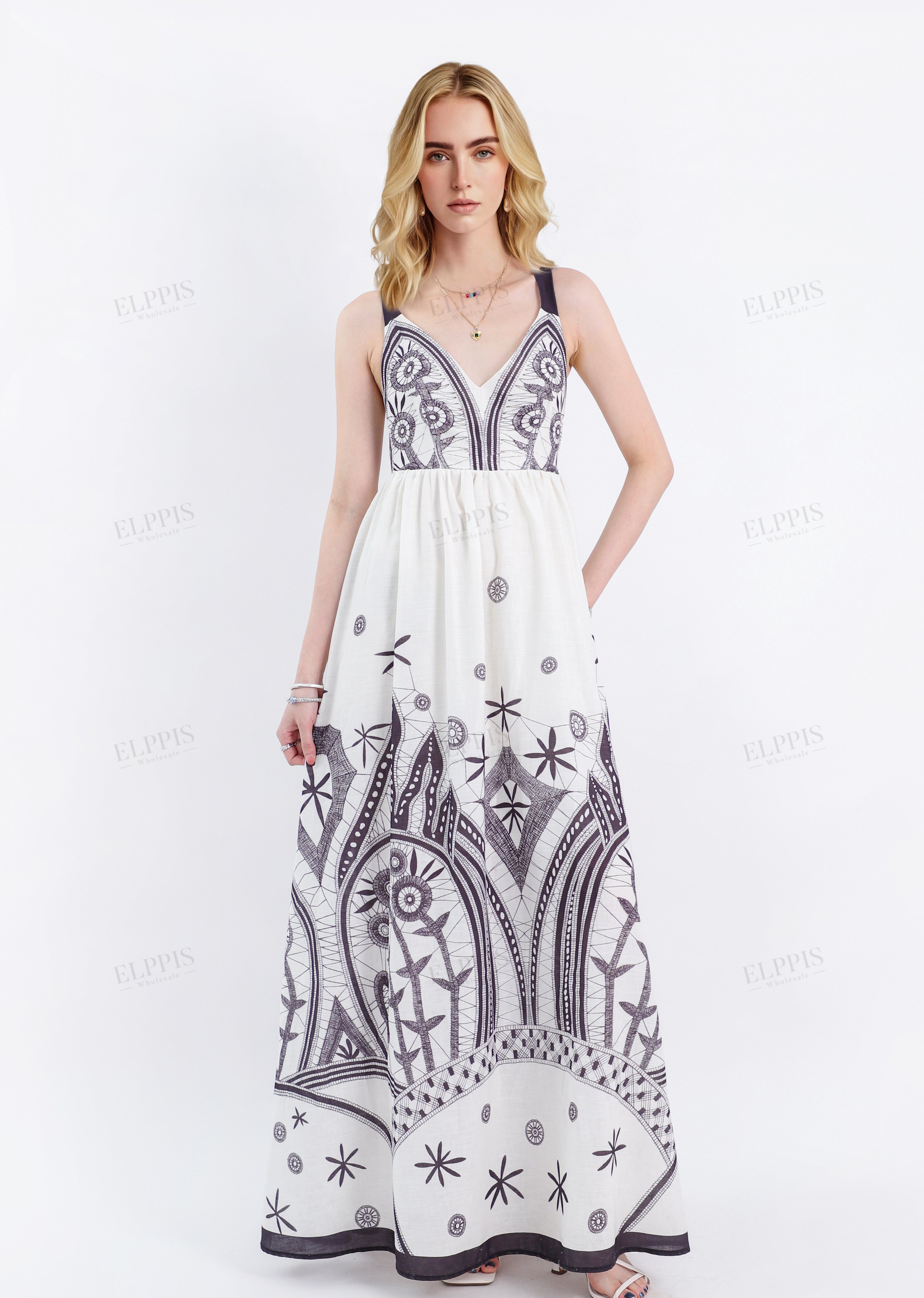 Off-White Sleeveless Maxi Dress with Black Ethnic Embroidery