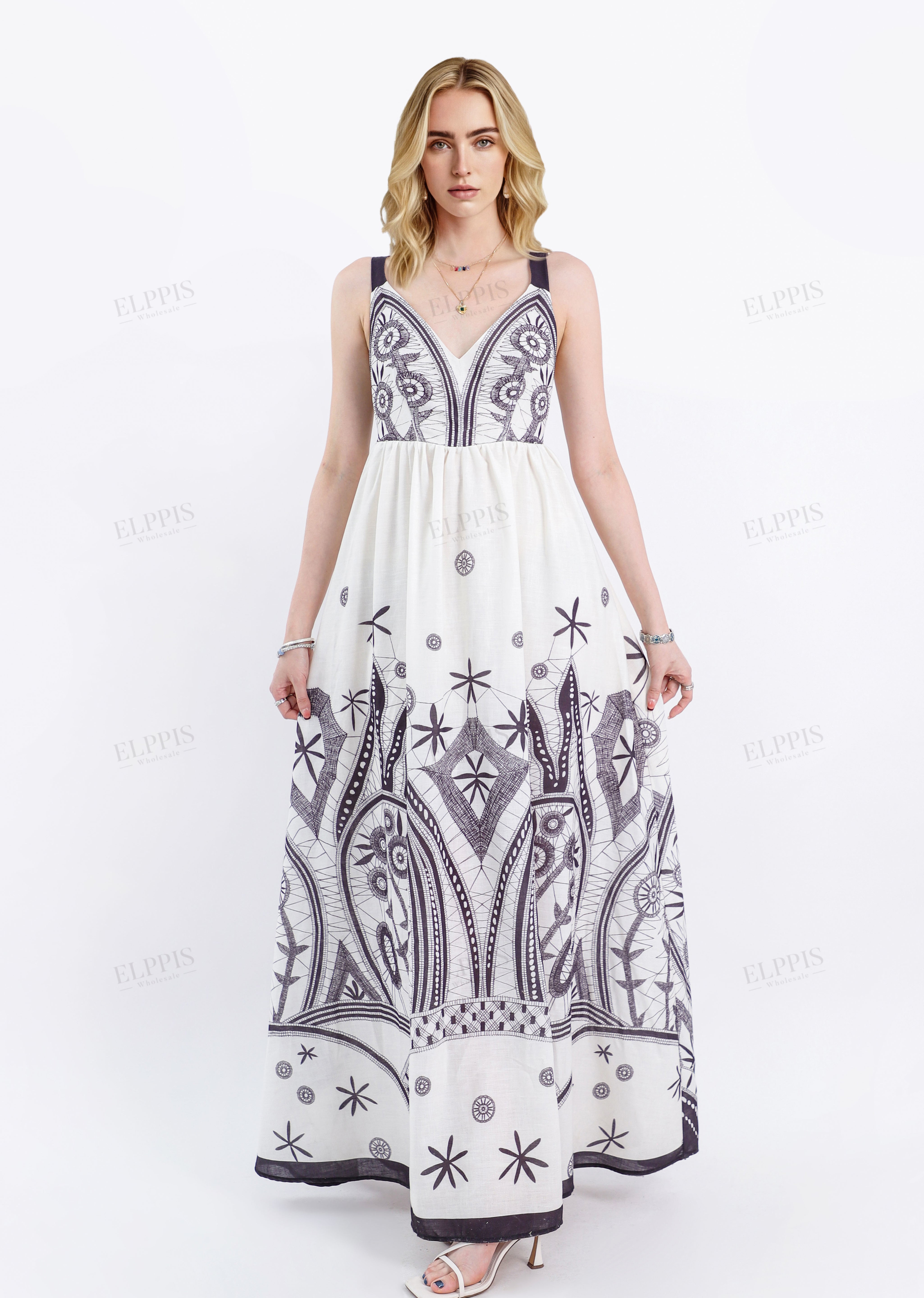 Off-White Sleeveless Maxi Dress with Black Ethnic Embroidery