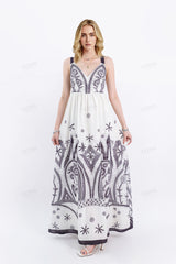 Off-White Sleeveless Maxi Dress with Black Ethnic Embroidery