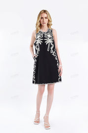 Black Sleeveless Shift Dress with Cream Palm Tree Embroidery