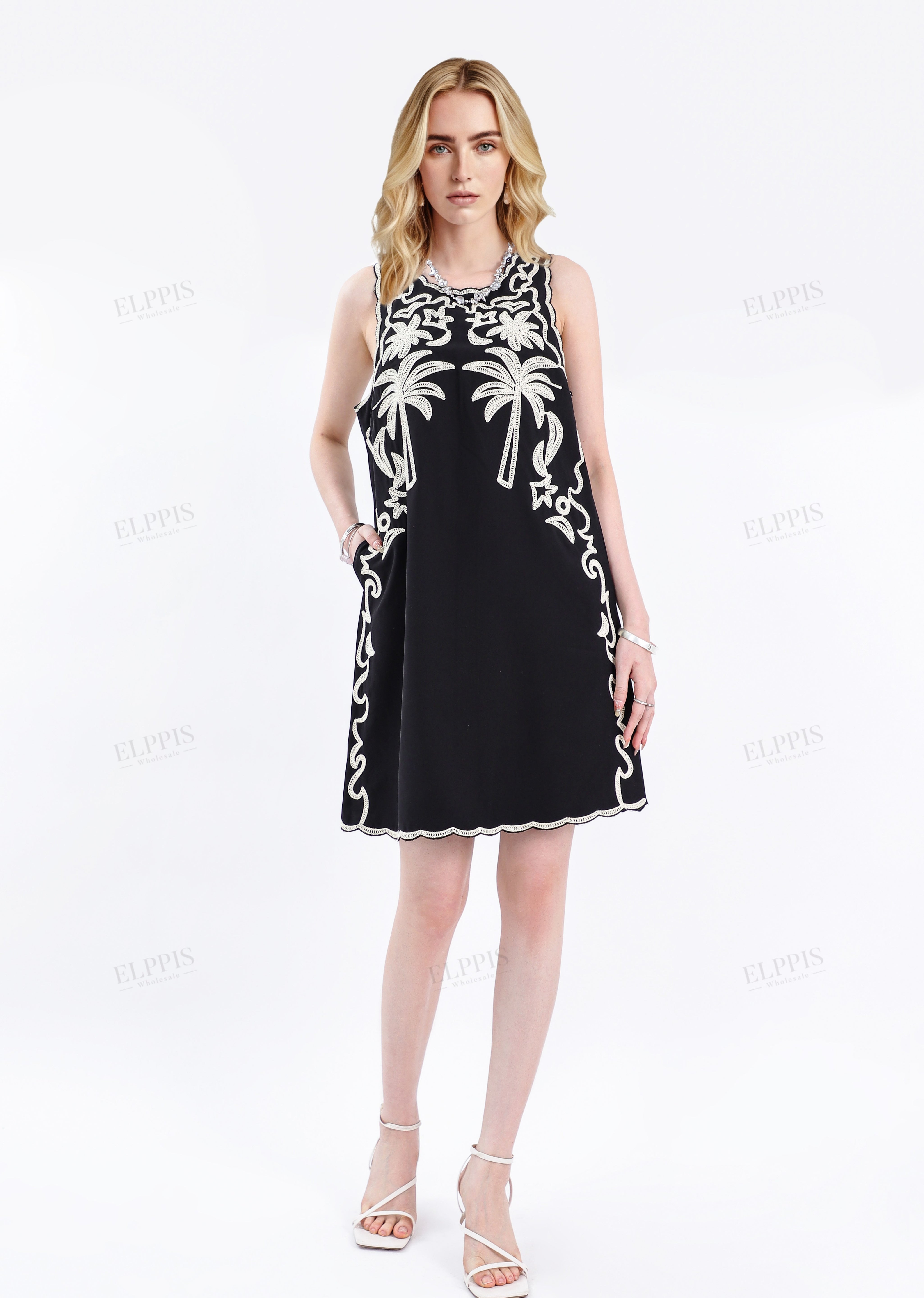 Black Sleeveless Shift Dress with Cream Palm Tree Embroidery