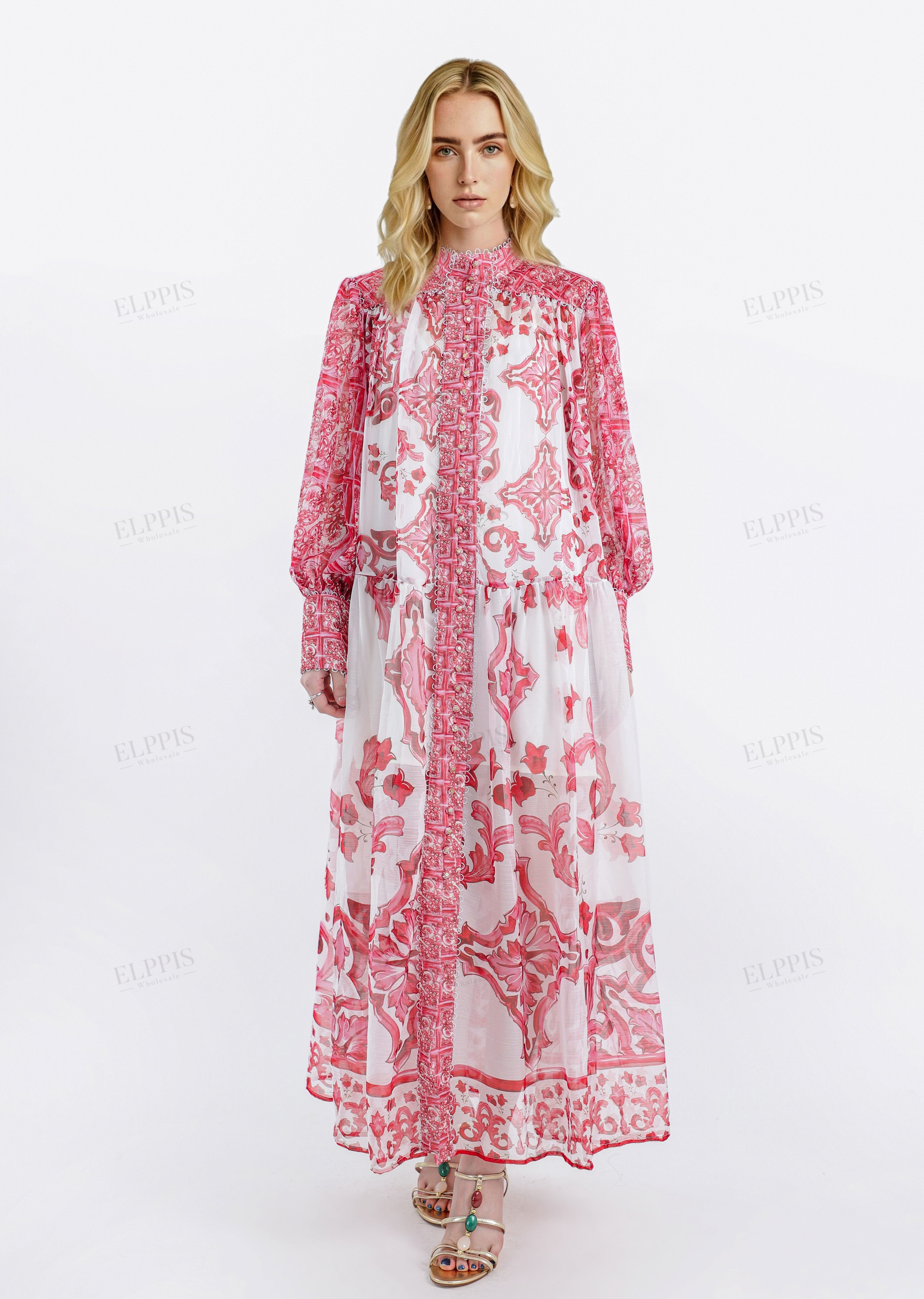 Red & White Patterned High-Neck Long-Sleeve Maxi Dress
