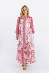 Red & White Patterned High-Neck Long-Sleeve Maxi Dress