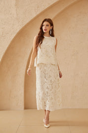 Cream Sleeveless Top with Ornate Cutwork Lace & Sequin Detail