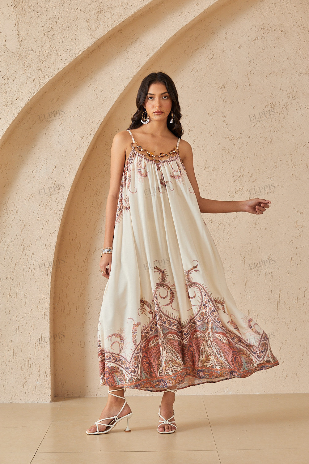 Ivory Paisley Print Maxi Dress with Beaded Halter Neck