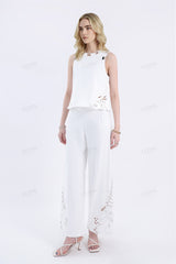 White Wide-Leg Pants with Cutout Embroidery Hem