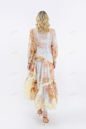 Floral Print Asymmetrical Midi Skirt with Lace Overlay