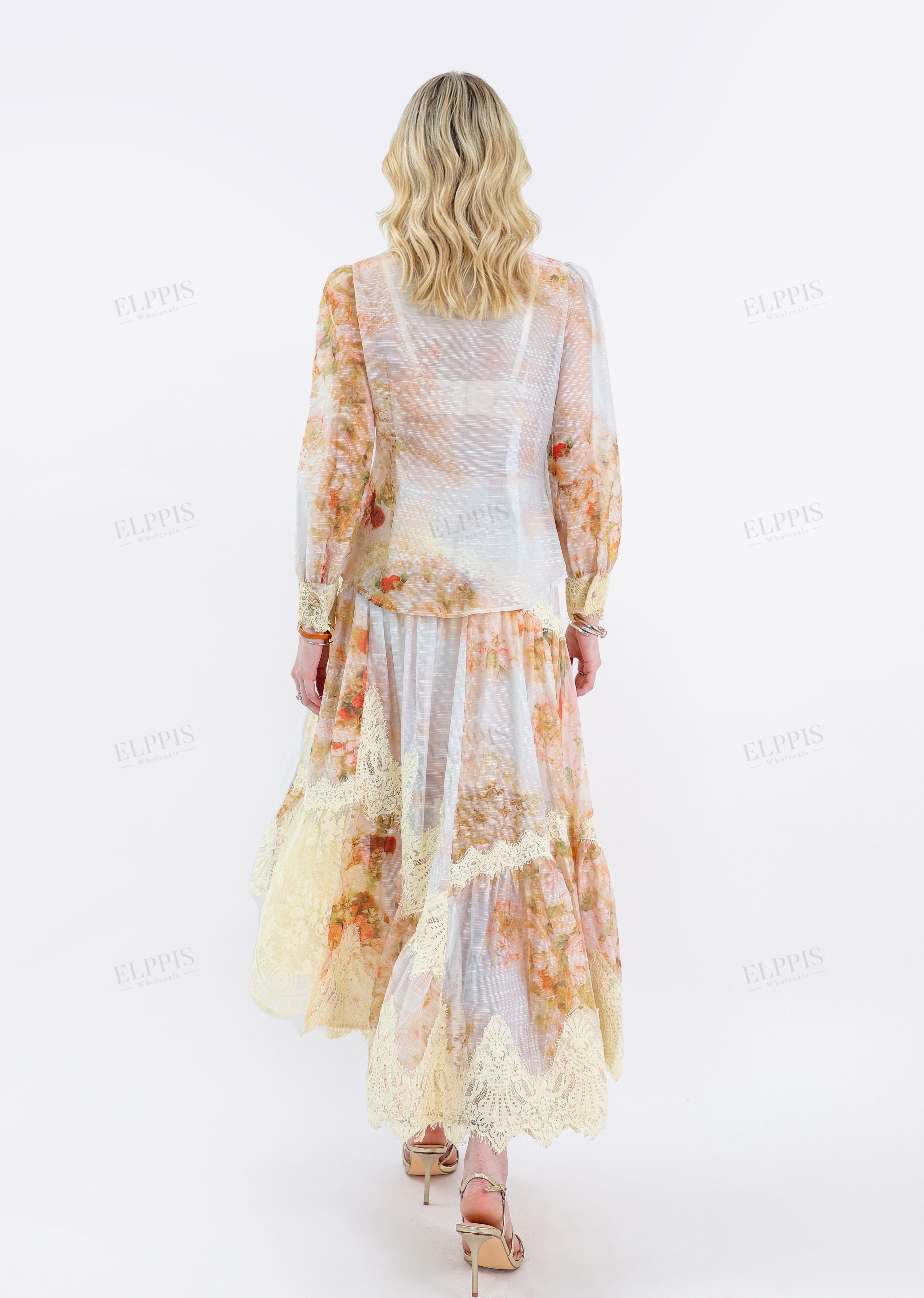 Floral Print Asymmetrical Midi Skirt with Lace Overlay