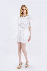 White Floral Lace Short-Sleeve Blouse