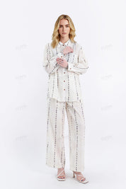 Cream Linen-Blend Long-Sleeve Shirt with Black Dot Stripes