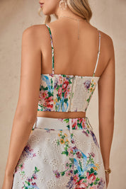 Cream Floral Print Eyelet Bustier Crop Top with Adjustable Straps