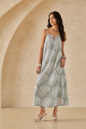 Grey Linen Maxi Dress with White Damask Print & Keyhole Neckline