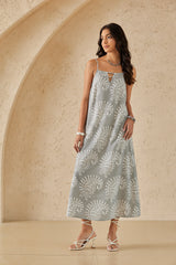 Grey Linen Maxi Dress with White Damask Print & Keyhole Neckline