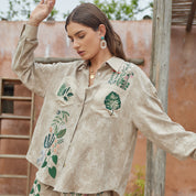 Floral plant embroidered H-line long sleeve shirt