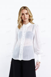 White Sheer Stand-Collar Blouse with Ruffled Button Placket & Puff Sleeves