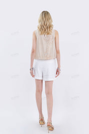 Oatmeal Beige Sleeveless Blouse with Beaded Floral Embroidery