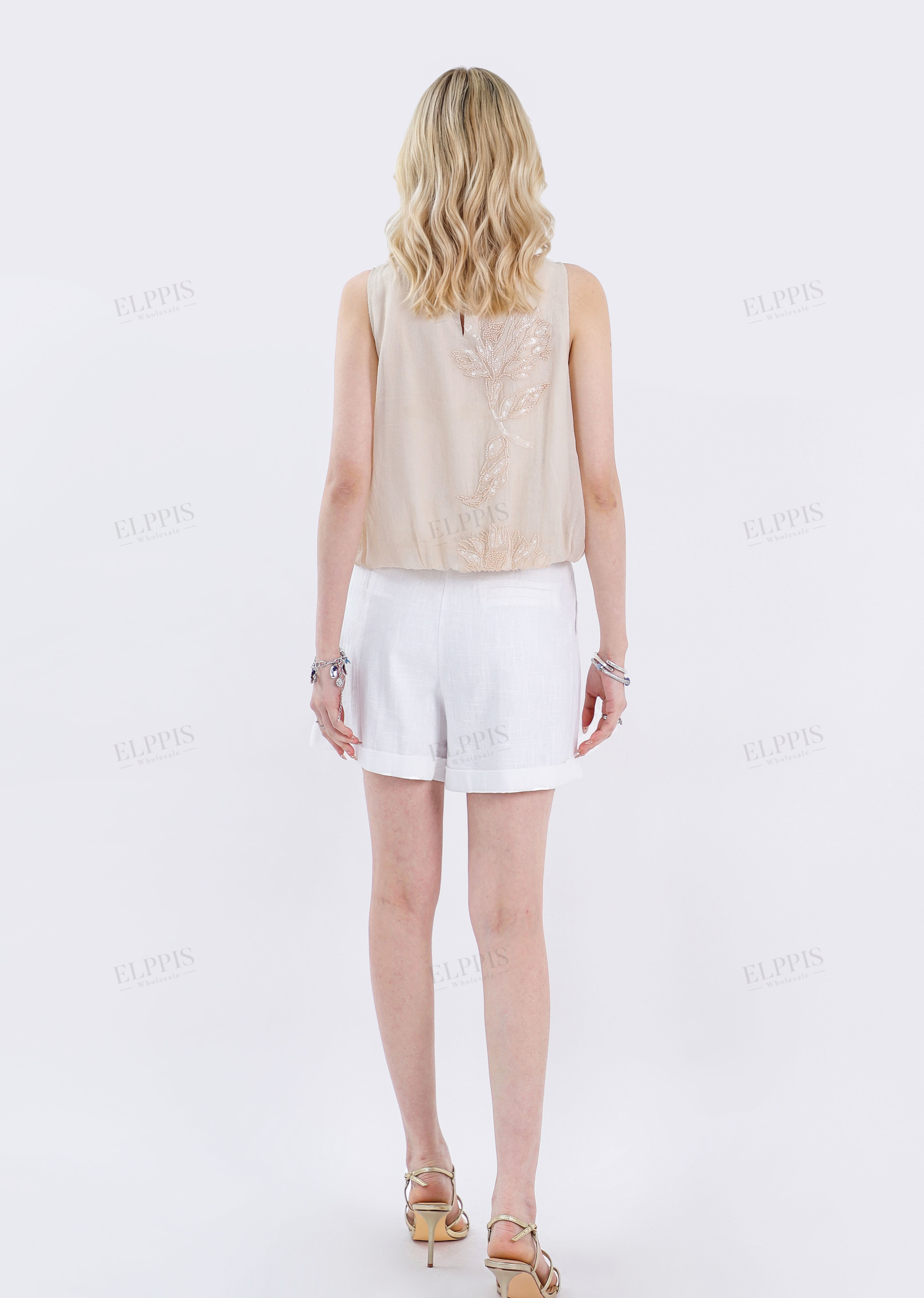 Oatmeal Beige Sleeveless Blouse with Beaded Floral Embroidery