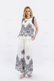 Ivory Wide-Leg Pants with Black Lace Embroidery